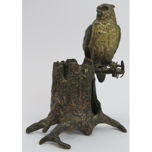 112 - A rare Franz Bergmann Austrian cold-painted bronze matchbox / taperstick holder. Modelled as an owl ... 