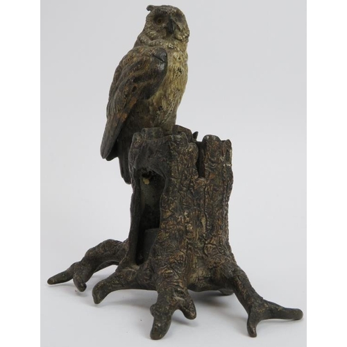 112 - A rare Franz Bergmann Austrian cold-painted bronze matchbox / taperstick holder. Modelled as an owl ... 