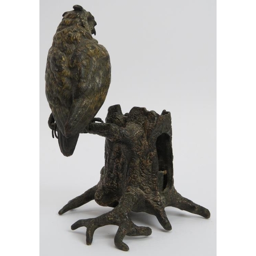 112 - A rare Franz Bergmann Austrian cold-painted bronze matchbox / taperstick holder. Modelled as an owl ... 