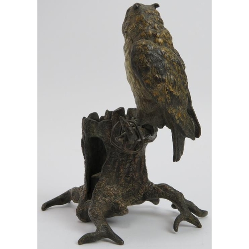 112 - A rare Franz Bergmann Austrian cold-painted bronze matchbox / taperstick holder. Modelled as an owl ... 