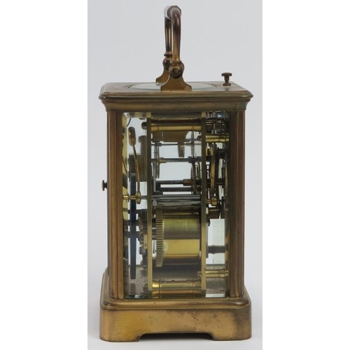 127 - A French brass repeater carriage clock, late 19th century. Housed in a portable leather case. Clock:... 