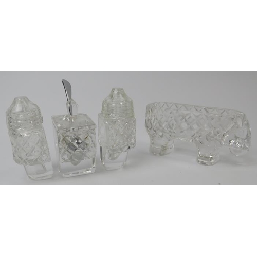 141 - A novelty cut crystal glass elephant condiment cruet set, probably late 19th/early 20th century. Wit... 