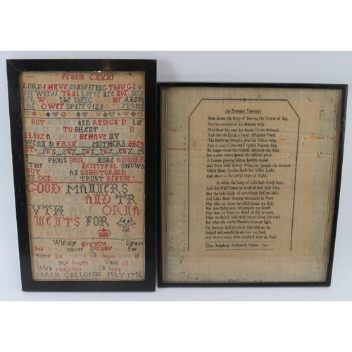 143 - A rare 18th century Ackworth School quaker needlework sampler dated 1785 and a George II needlework ... 