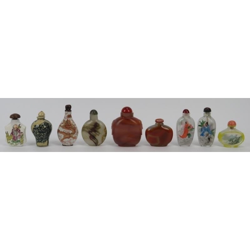 168 - A group of Chinese porcelain, glass and carved agate snuff bottles, 20th century. (9 items) 8.3 cm t... 