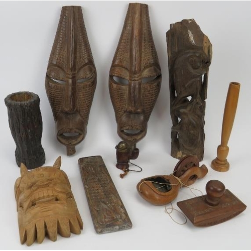 174 - A group of carved wood and treen items from Africa, Asia and Europe. (10 items) 41 cm tallest height... 