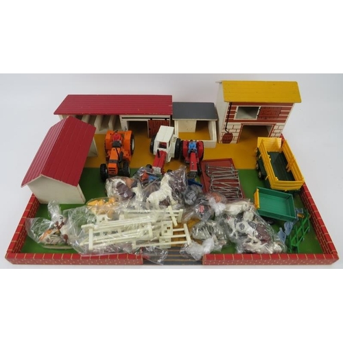 196 - Toys: A vintage collection of mainly Britains farmyard models. (Quantity) Landscape board: 45.3 cm x... 