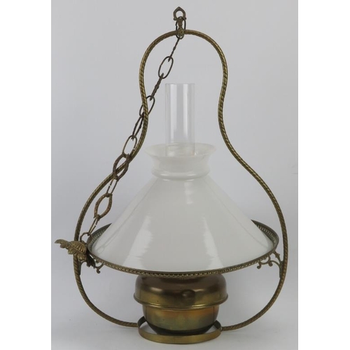 205 - A brass hallway ceiling lamp with glass shade and funnel, late 19th/early 20th century. Framework: 6... 