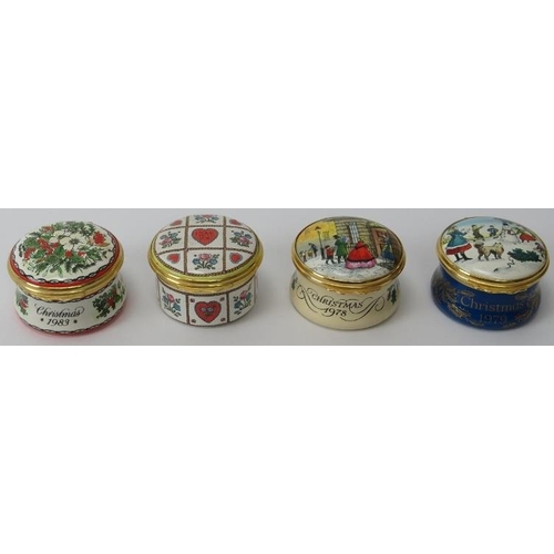 211 - Four Halcyon Days enamelled boxes. (4 items) 4.3 cm diameter. 
Condition report: Light wear with age... 