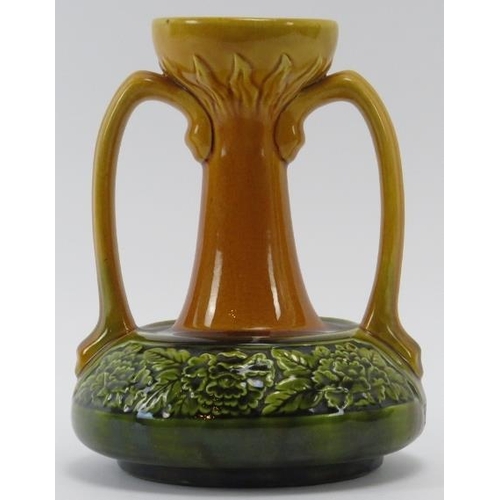 245 - A Bretby Arts & Crafts yellow and green glazed ceramic twin handled vase, late 19th/early 20th centu... 