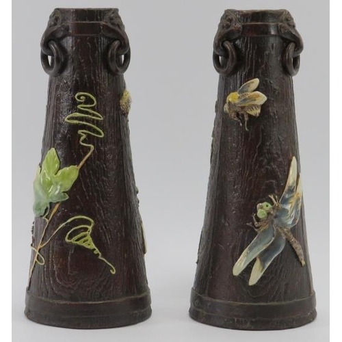 247 - A pair of Bretby Arts and Crafts oak effect ceramic vases, late 19th/early 20th century. Simulating ... 