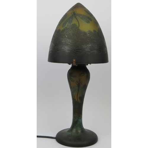 251 - A Galle style overlay glass table lamp and shade, late 20th century. Decorated depicting a rural lak... 