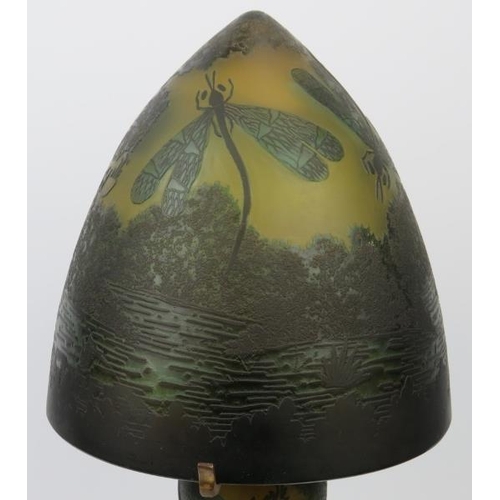 251 - A Galle style overlay glass table lamp and shade, late 20th century. Decorated depicting a rural lak... 