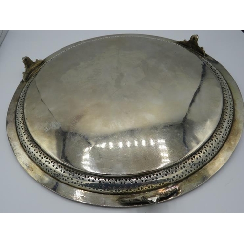 301 - A large silver engraved salver with bead edge & pierced decoration sitting on three feet, Sheffield ... 