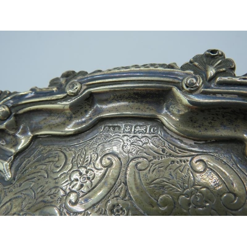 308 - A silver card tray with pie crust & shell decorated edge and claw feet, centre engraved decoration, ... 