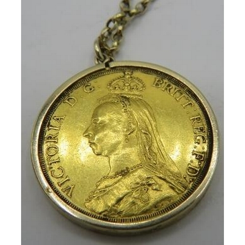 319 - A Victorian double gold sovereign 1887 on a link chain, boxed. Approx weight 27 grams.
Condition rep... 