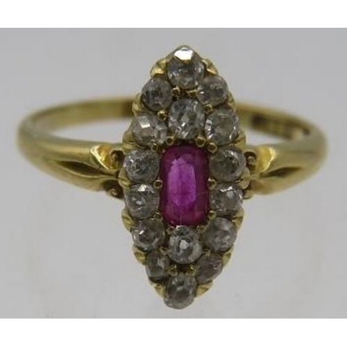 321 - An 18ct yellow gold Victorian marquise set ruby & brilliant cut diamond ring. Centre ruby approx 5mm... 