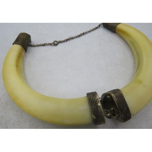 340 - A boar tusk necklace with white metal mounts. Approx 5