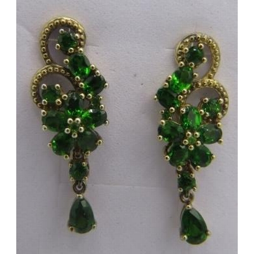 354 - Russian diopside earrings, 32mm drop, post back, pear, round & oval cut stones of good colour and cu... 