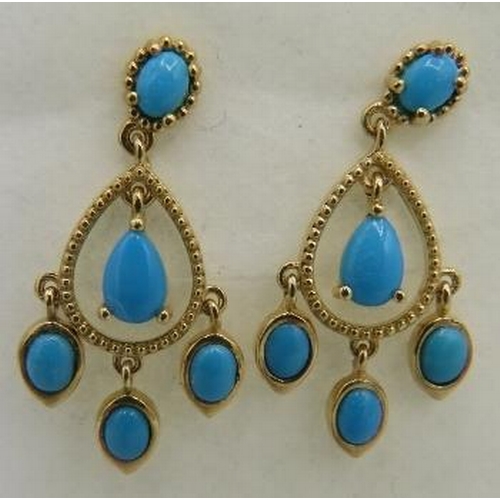 358 - Sleeping Beauty turquoise earrings, 30mm length approx, pear and oval cabochon stones, chandelier de... 