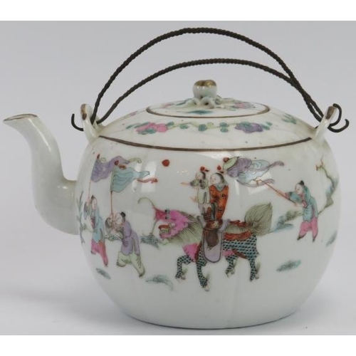 36 - A Chinese Famille Rose porcelain teapot and cover, late 19th/early 20th century. Finely painted depi... 