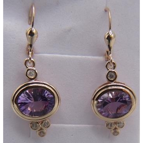 362 - Bezel set amethyst solitaire earrings, 36mm drop, lever back. 18k rose gold vermeil plated, stamped ... 