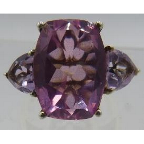 364 - Quartz & amethyst ring, size N/O/ 14k yellow gold plated, stamped 925. Trilliant & oval faceted ston... 