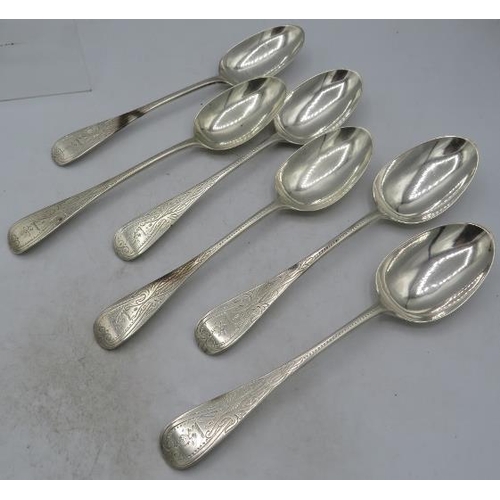 365 - A set of six Victorian silver table spoons with engraved decoration, London 1897. Approx weight 13.6... 