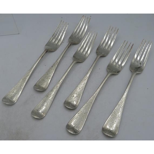 366 - A set of six Victorian silver engraved dinner forks, London 1867. Approx weight 14.3 troy oz/445 gra... 