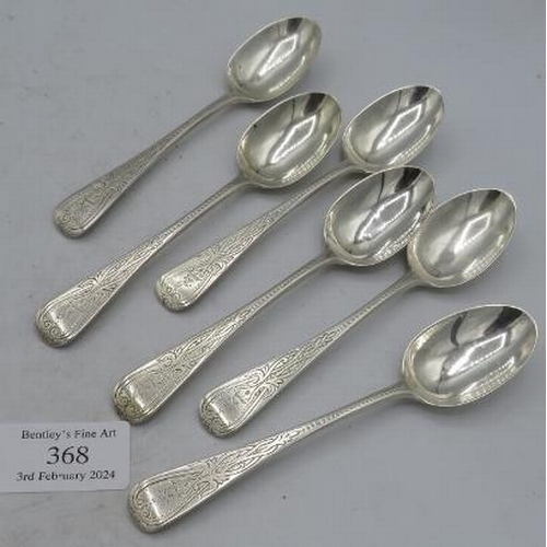 368 - A set of six Victorian silver teaspoons, London 1867. Approx weight 4.2 troy oz/131 grams.
Condition... 