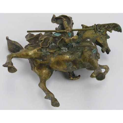 37 - A Chinese solid brass model of a warrior on horseback, 20th century. 18.5 cm height. 
Condition repo... 