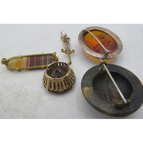 383 - A bog oak mourning brooch inset with yellow metal, a yellow metal citrine & seed pearl drop pendant,... 