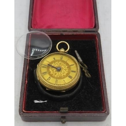 388 - An 18ct gold engraved pocket watch with winder, Thomas Milner, 84760, boxed.
Condition report: Detac... 