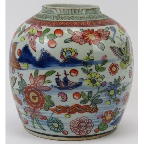 4 - A Chinese export clobbered ginger jar, early 19th century. Underglaze blue with gilt highlighted ove... 