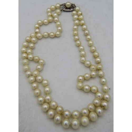 420 - A vintage double strand of individually knotted pearls with white metal clasp. Approx 16