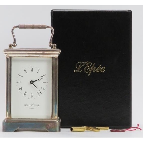 43 - A Mappin and Webb plated silver cased carriage clock, early 21st century. L'epée marked to the movem... 