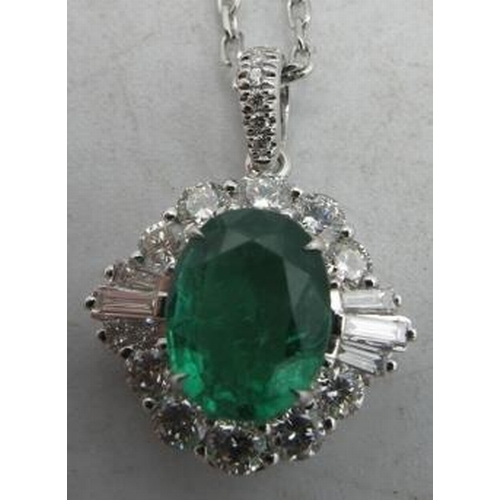 444 - A certificated 18ct white gold pendant set with an oval cut emerald, approx 1.19cts and a halo of si... 