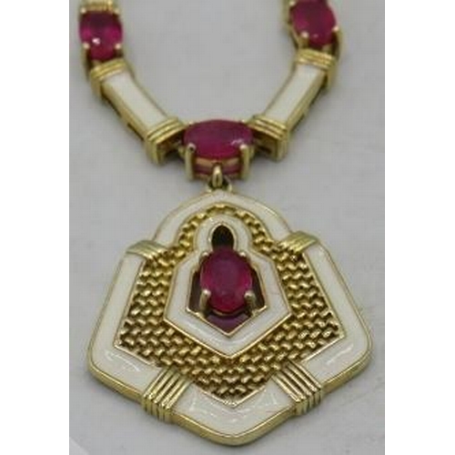 461 - A silver gilt ruby & white enamel necklace with a matching pendant, marked 925. Rubies approx 12cts ... 