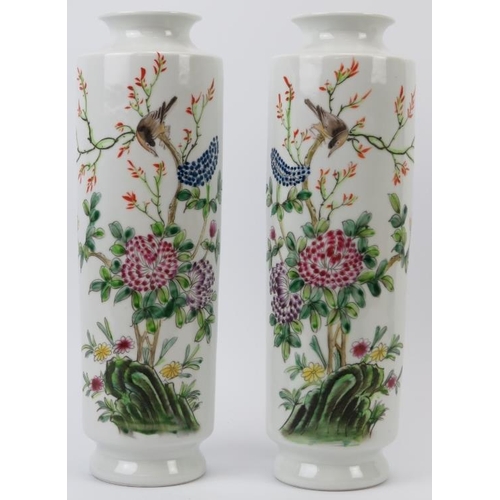 5 - A pair of Chinese famille rose enamelled porcelain rouleau vases, 20th century. (2 items) 32.9 cm he... 