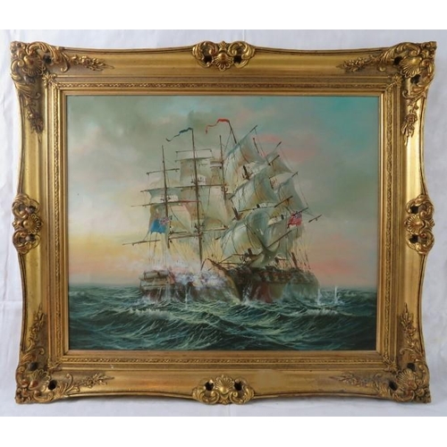 503 - Late 20th Century framed oil on canvas, 'Naval ships at sea', signed lower right P. Davis. Approx 48... 