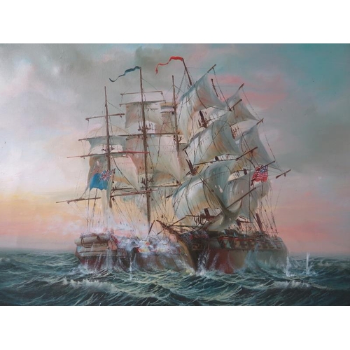 503 - Late 20th Century framed oil on canvas, 'Naval ships at sea', signed lower right P. Davis. Approx 48... 