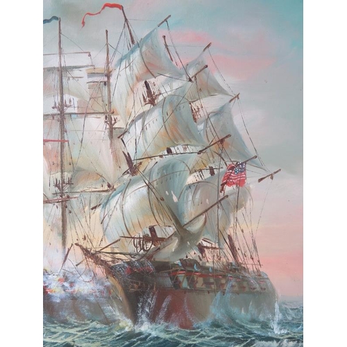 503 - Late 20th Century framed oil on canvas, 'Naval ships at sea', signed lower right P. Davis. Approx 48... 