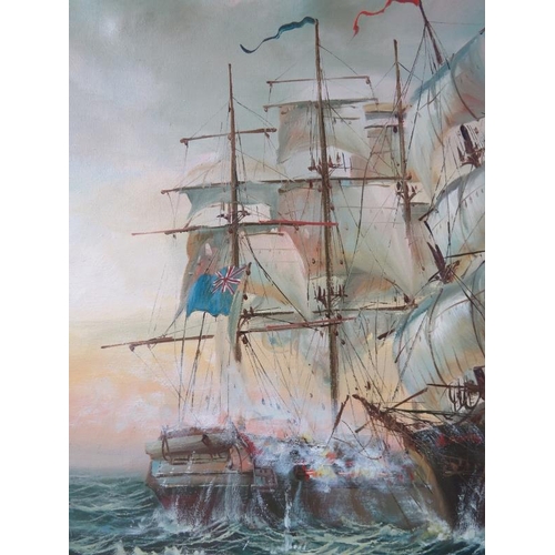 503 - Late 20th Century framed oil on canvas, 'Naval ships at sea', signed lower right P. Davis. Approx 48... 