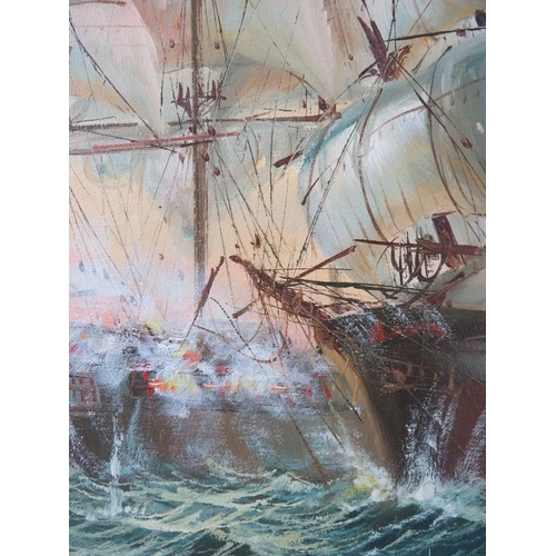 503 - Late 20th Century framed oil on canvas, 'Naval ships at sea', signed lower right P. Davis. Approx 48... 