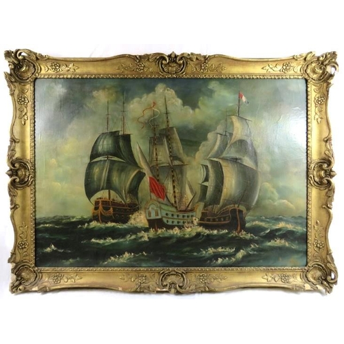 508 - British School (20th century) - 'Three old Warships at Sea', oil on canvas, indistinctly signed in r... 