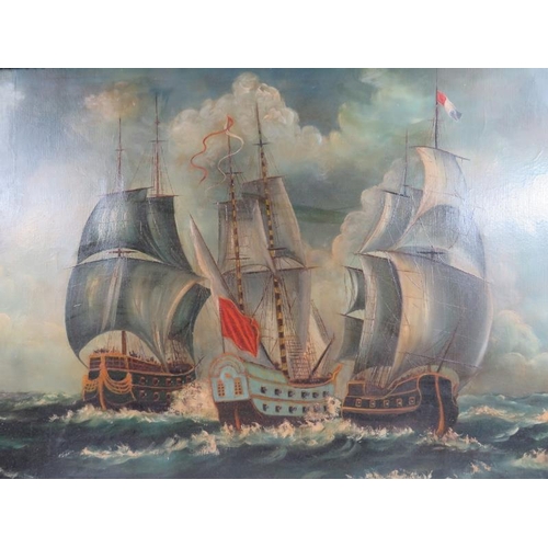 508 - British School (20th century) - 'Three old Warships at Sea', oil on canvas, indistinctly signed in r... 