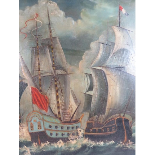 508 - British School (20th century) - 'Three old Warships at Sea', oil on canvas, indistinctly signed in r... 