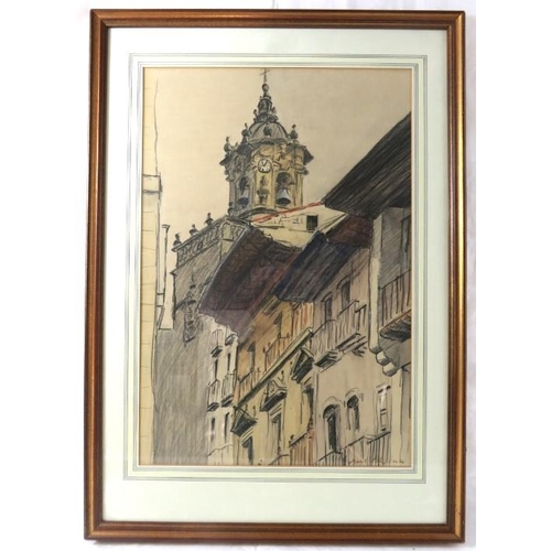 511 - Noel Blyth- A framed and glazed charcoal wash 'view of a church', inscription verso, signed lower ri... 