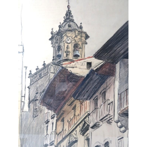 511 - Noel Blyth- A framed and glazed charcoal wash 'view of a church', inscription verso, signed lower ri... 