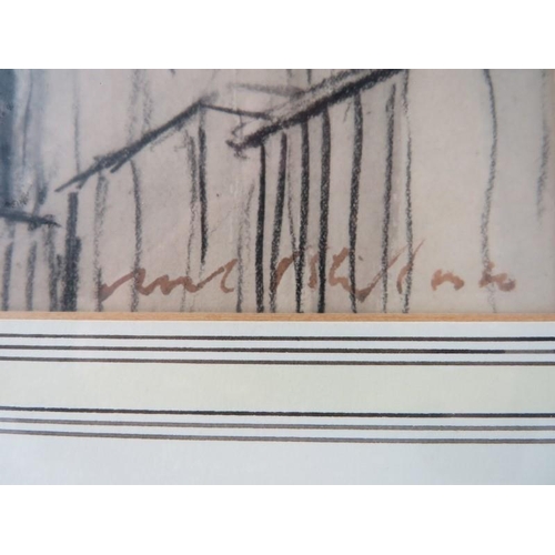 511 - Noel Blyth- A framed and glazed charcoal wash 'view of a church', inscription verso, signed lower ri... 