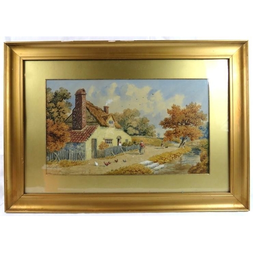 525 - British School (late 19th/early 20th century) - 'A country lane with cottage, stream, figures, chick... 